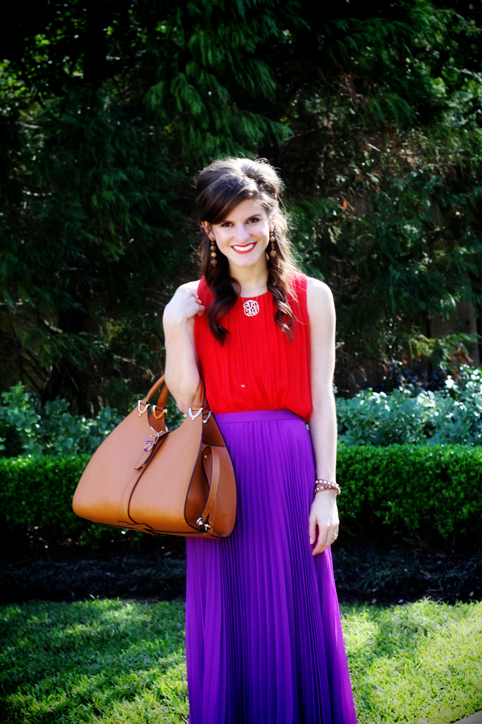 lavender and red outfit