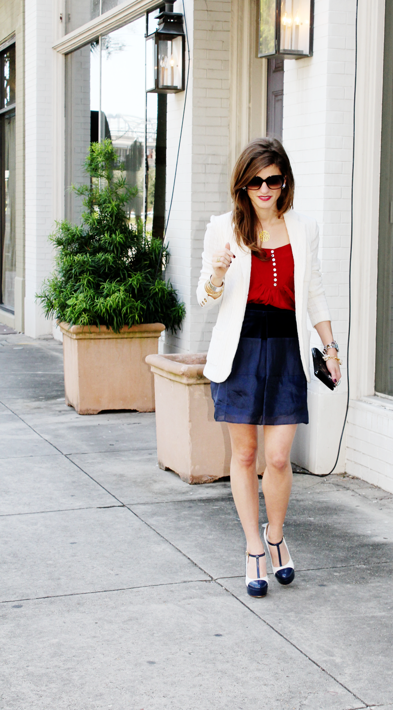 red off white blazer and velvet navy blue work attire