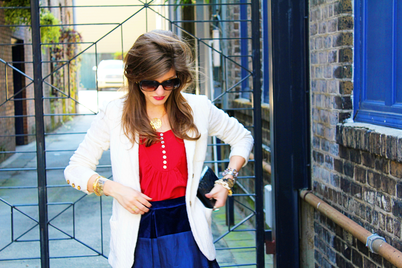 red off white blazer and navy velvet work attire