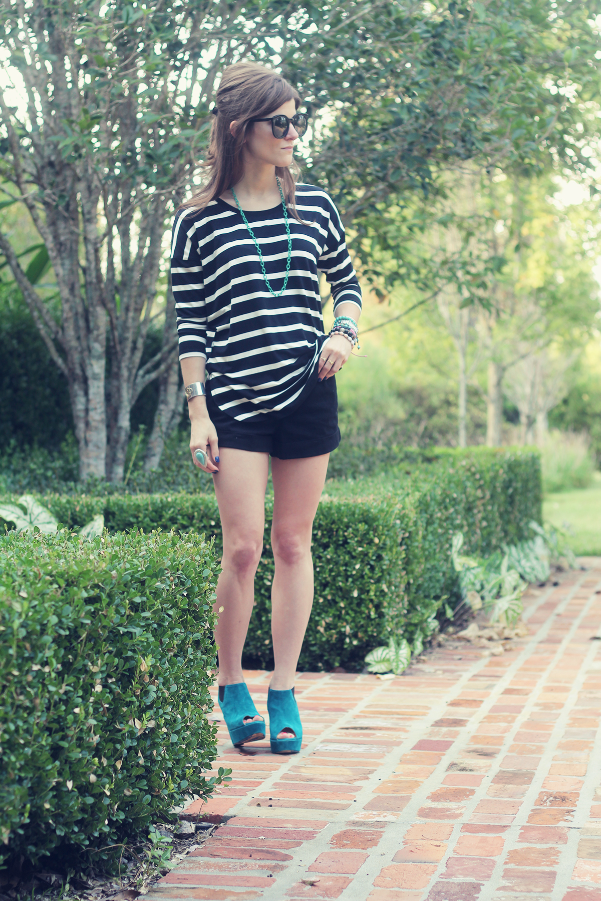 shorts and wedges with stripes