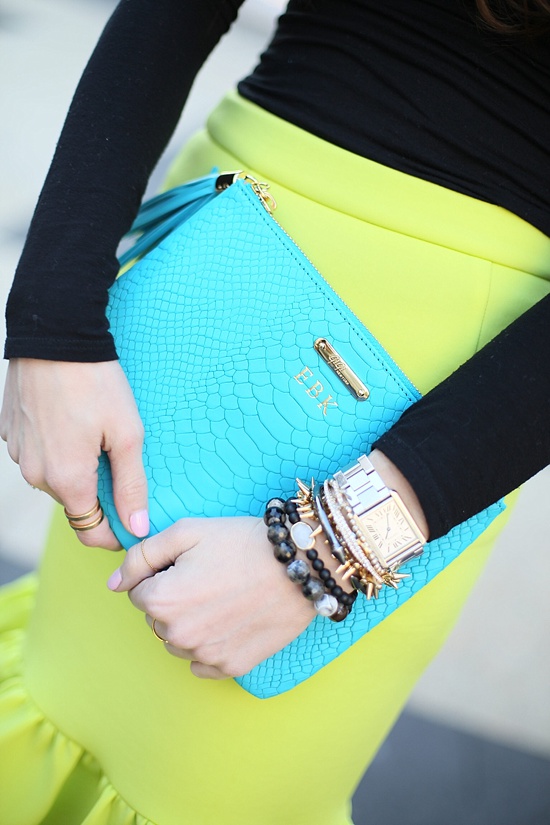 gigi new york uber clutch in turquoise and lime green pencil skirt