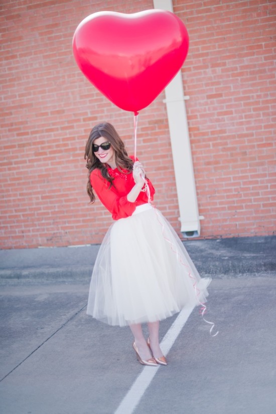 tulle midi skirt, red blouse, heart shaped balloon, valentines day outfit ideas, rose gold kate spade licorice pumps, what to wear valentines day date night