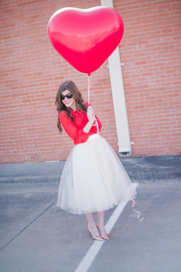tulle midi skirt red blouse valentines day outfit heart balloon