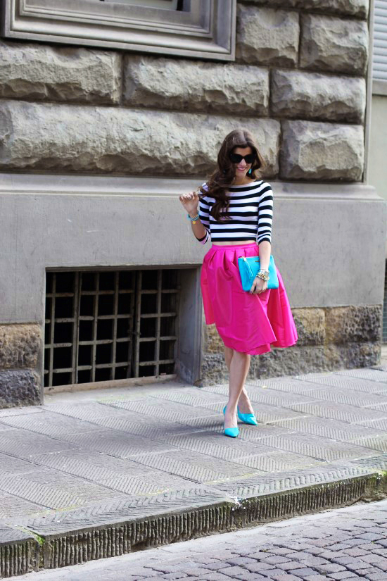 Hot pink midi skirt outfit + black and white striped crop top