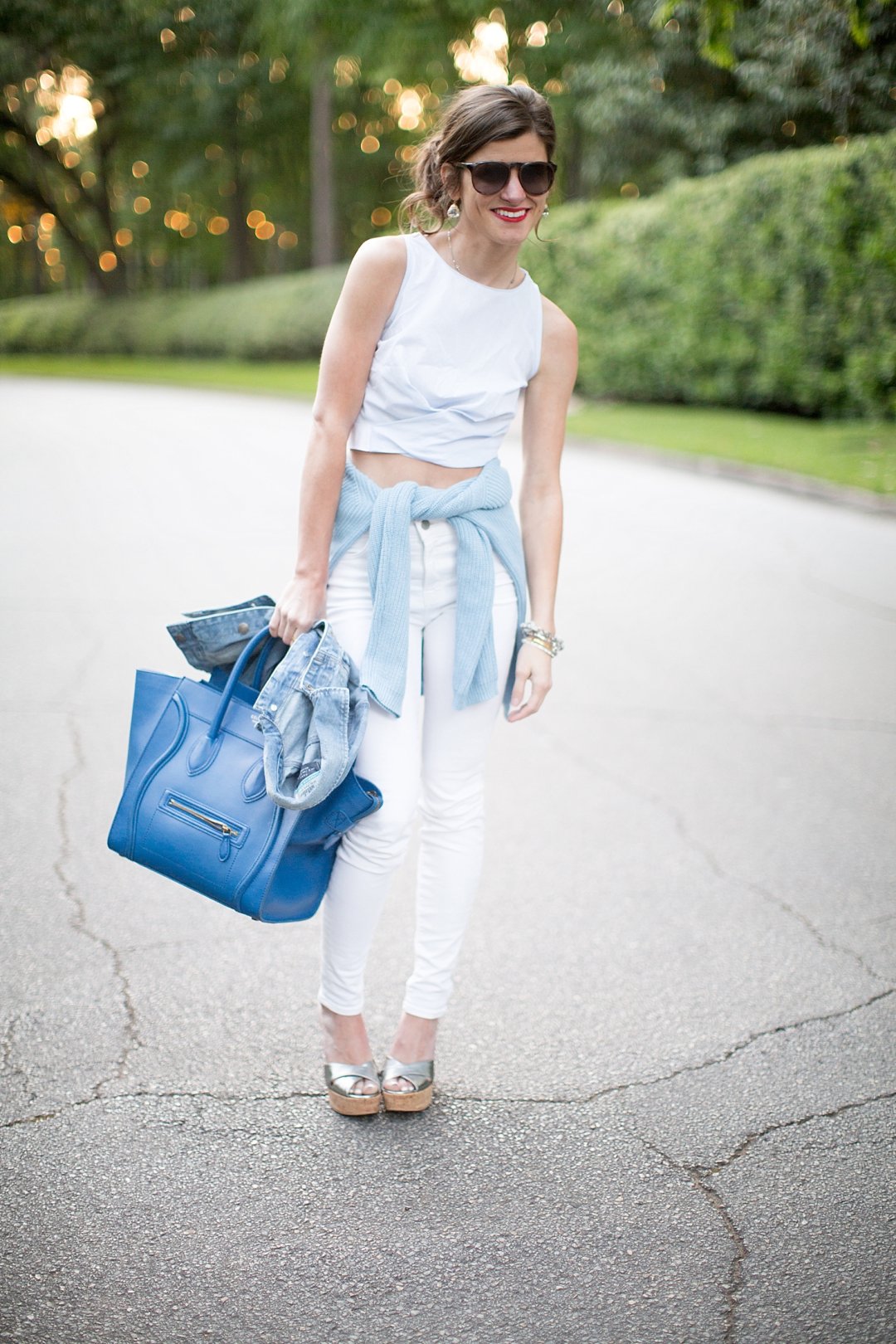 White Skinny Jeans + Zara Crop Top + Silver Summer Cork Wedges + Blue Celine + shades of blue summer outfit 10