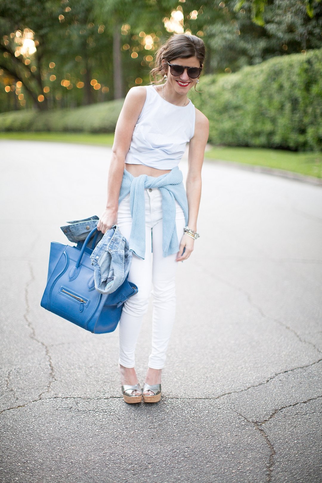 White Skinny Jeans + Zara Crop Top + Silver Summer Cork Wedges + Blue Celine + shades of blue summer outfit 11