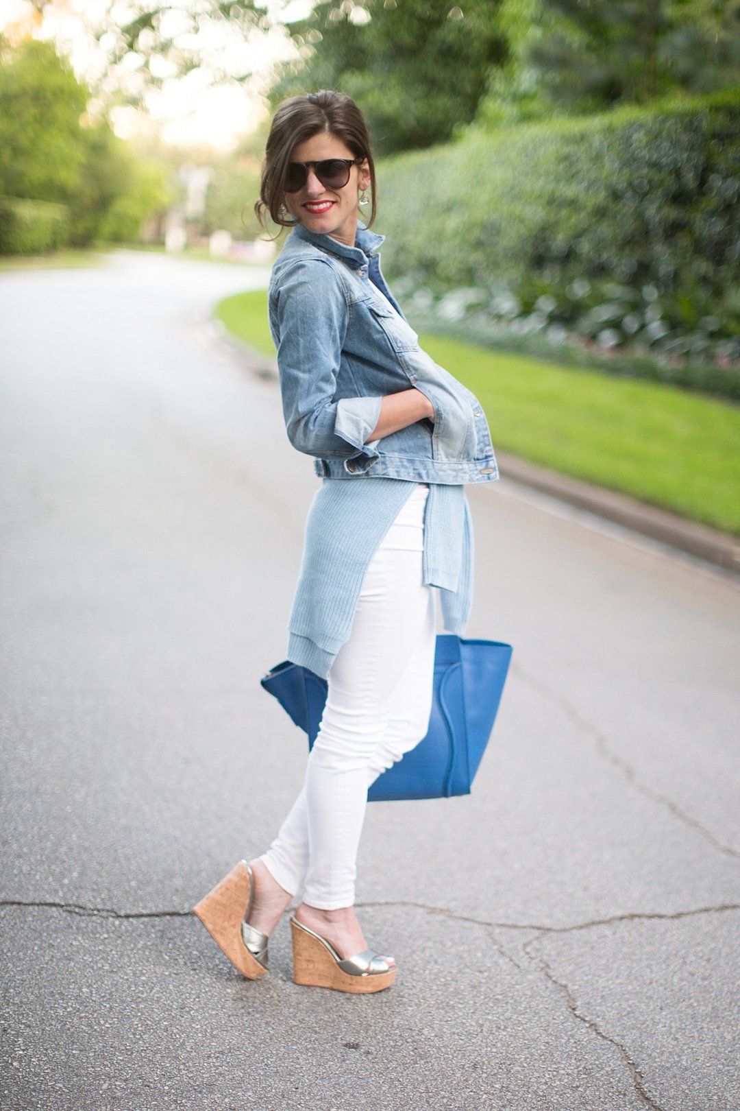 White Skinny Jeans + Zara Crop Top + Silver Summer Cork Wedges + Blue Celine + shades of blue summer outfit 4