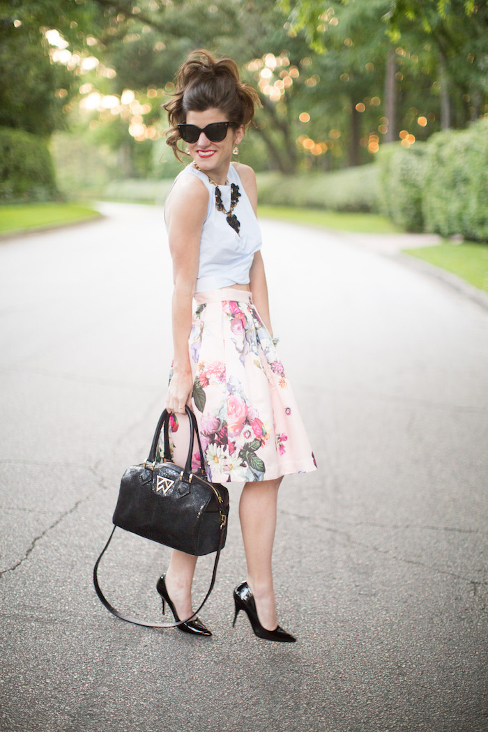 ted baker floral midi skirt crop top outfit 7