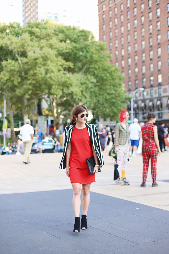 Red Dress + Striped Blazer 