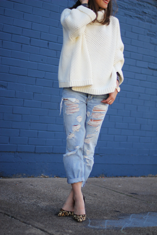 oversized slouchy sweater and distressed denim and leopard heels