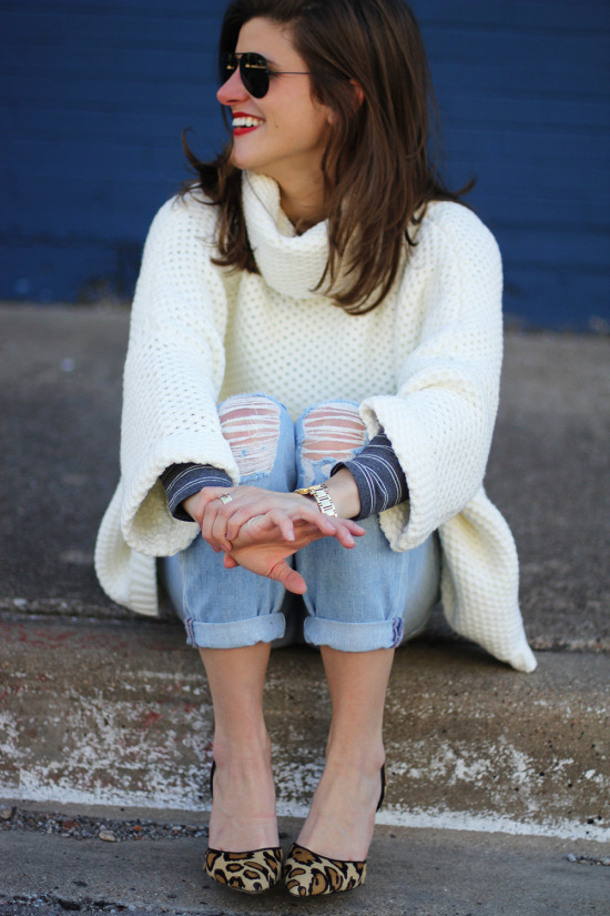 oversized slouchy knit sweater with leopard heels