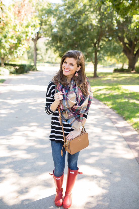 plaid blanket scarf outfit with red hunter boots