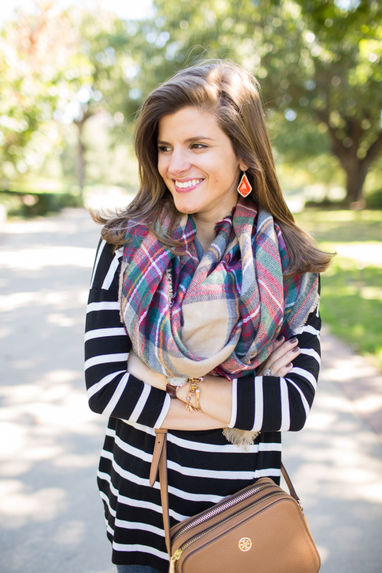 plaid blanket scarf outfit with red hunter boots