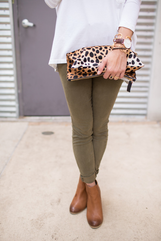 leopard clutch green pants and tan booties