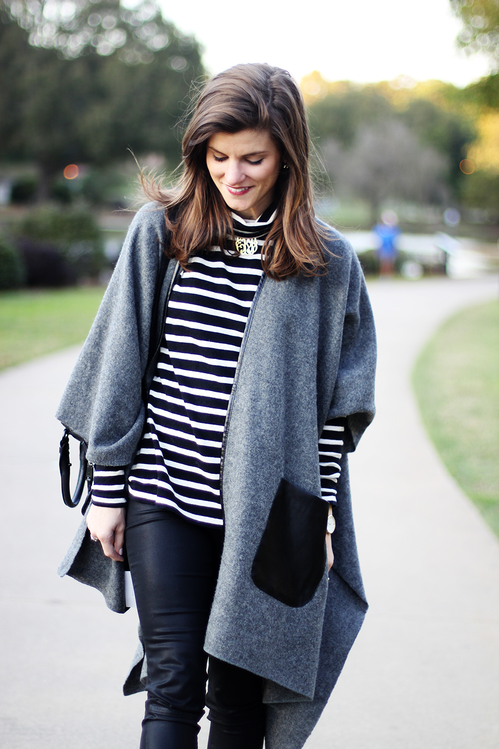Ann taylor grey wool wrap and striped turtleneck with faux leather leggings