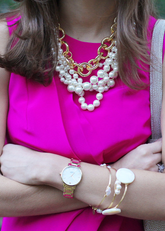 Hot Pink Party Dress with pearls and gold chain stacked necklaces