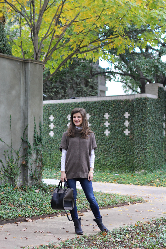 Old Navy Poncho over white long sleeve tee and jeans with dolce vita booties