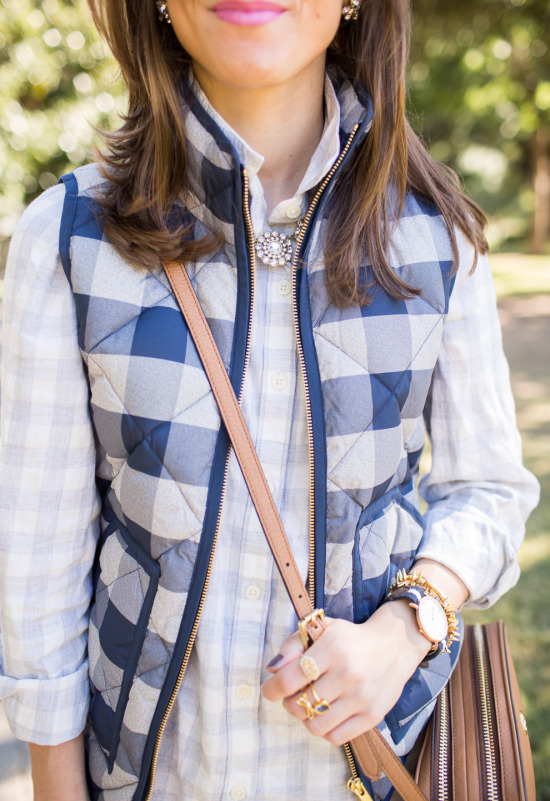 J.Crew Factory Plaid Puffer Vest Layered over Plaid Button Up