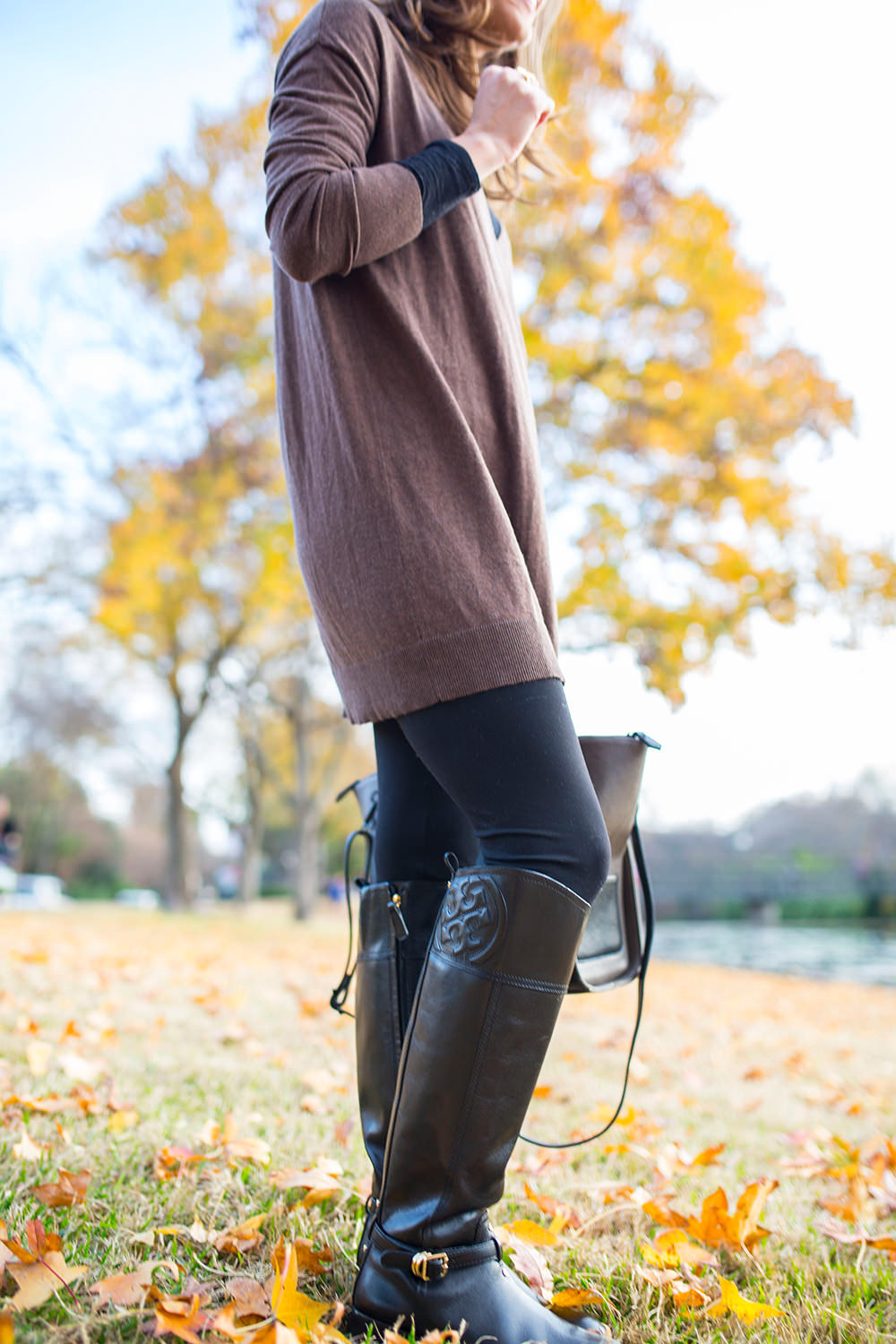 long sweater leggings and tall black riding boots