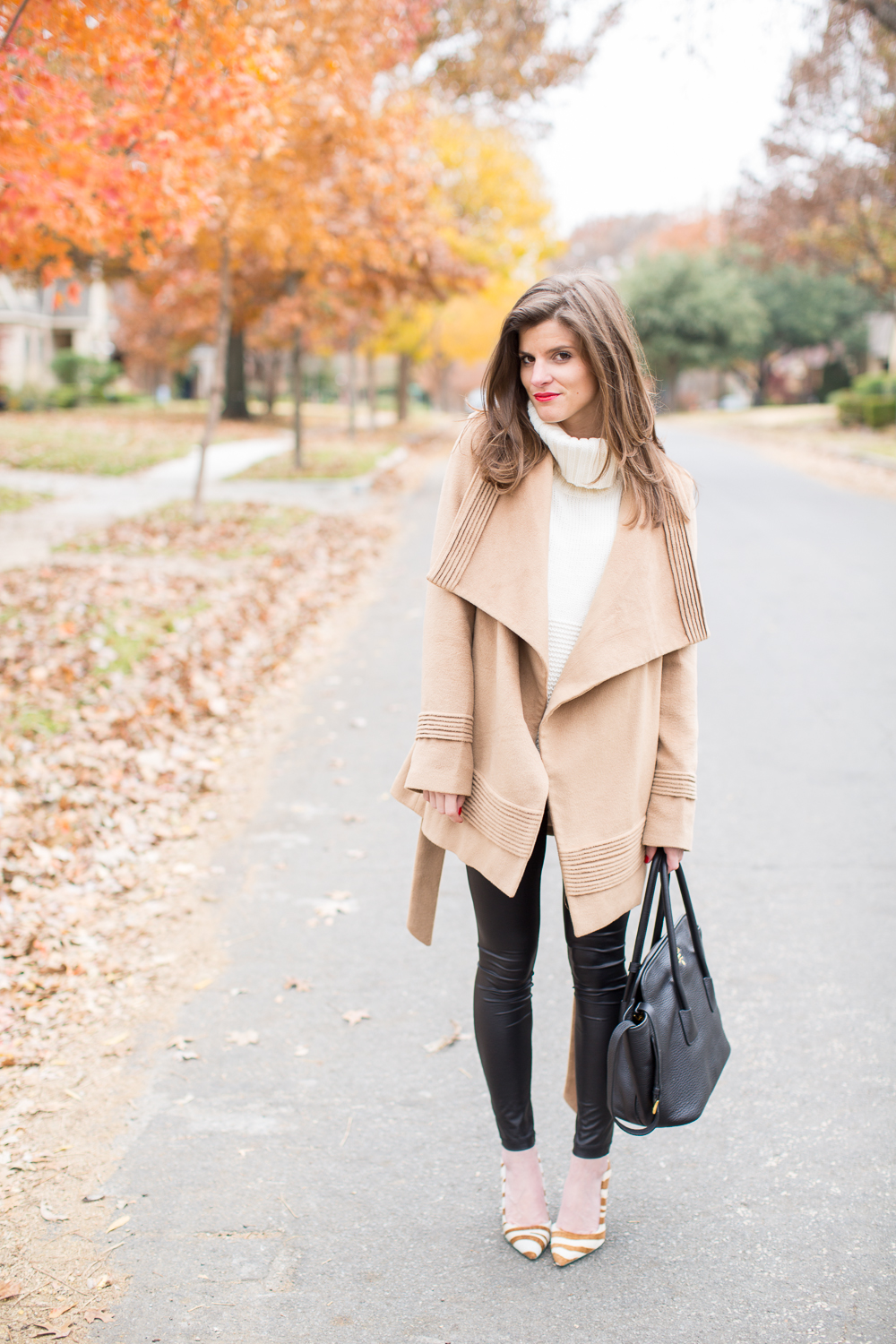 Fall Outfit: faux leather leggings, camel coat, pony hair pumps
