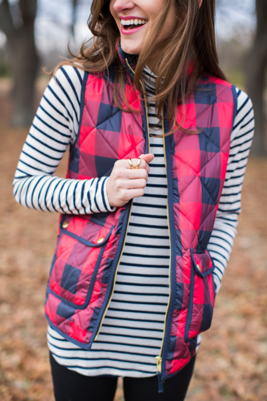 fall outfit mixing prints plaid vest striped turtleneck