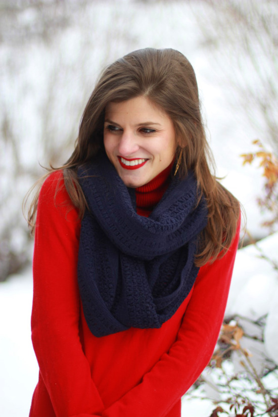 navy scarf and red turtleneck