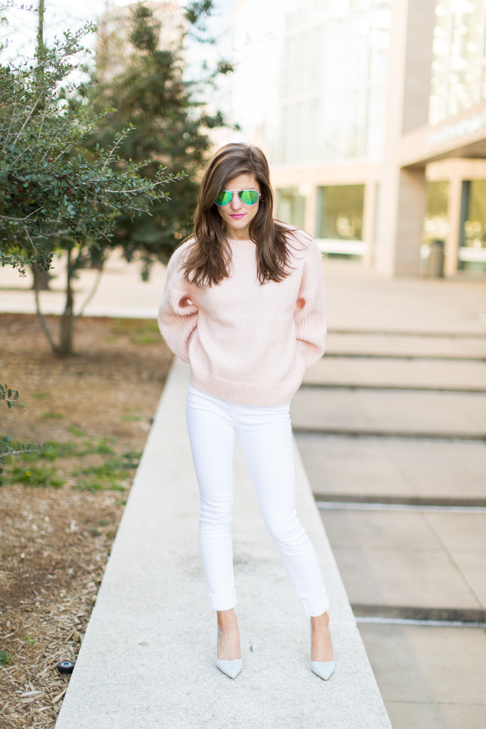 white jeans outfit, white jeans after labor day outfit, winter white jeans outfit, pastel pink and and blue outfit, oversized blush pink sweater with white jeans and stilettos, casual chic outfit