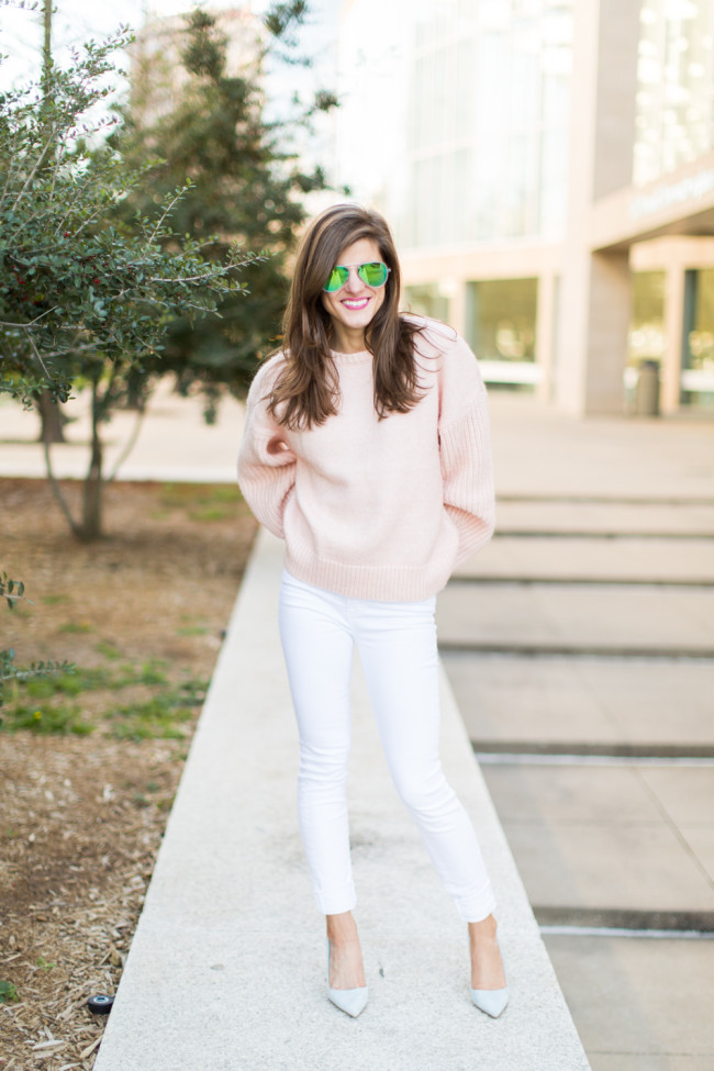 white jeans, pastel baby blue pumps, oversized blush sweater, winter pastels outfit