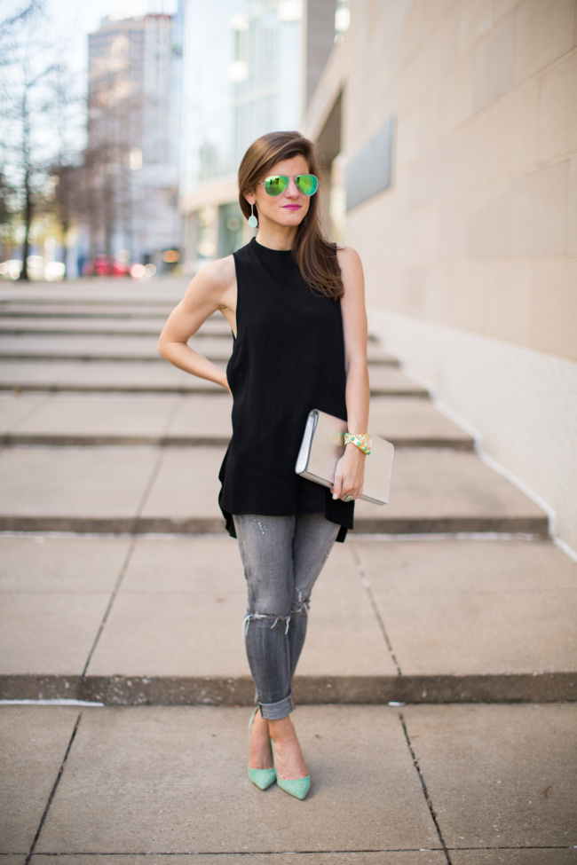 grey jeans, black tunic top, mirror sunglsses, green suede pumps, silver ysl clutch, going out outfit, black and grey outfit23