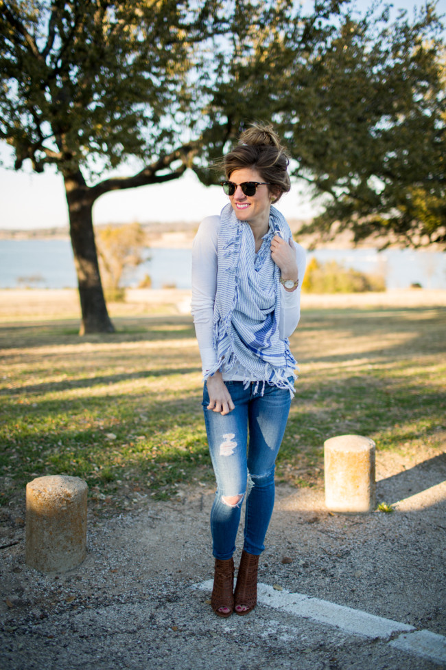 summer blanket scarf outfit top knot distressed denim