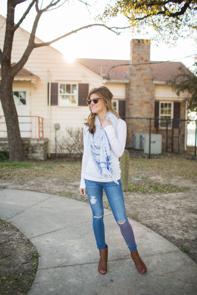 long sleeve white tee, linen scarf, distressed denim spring outfit