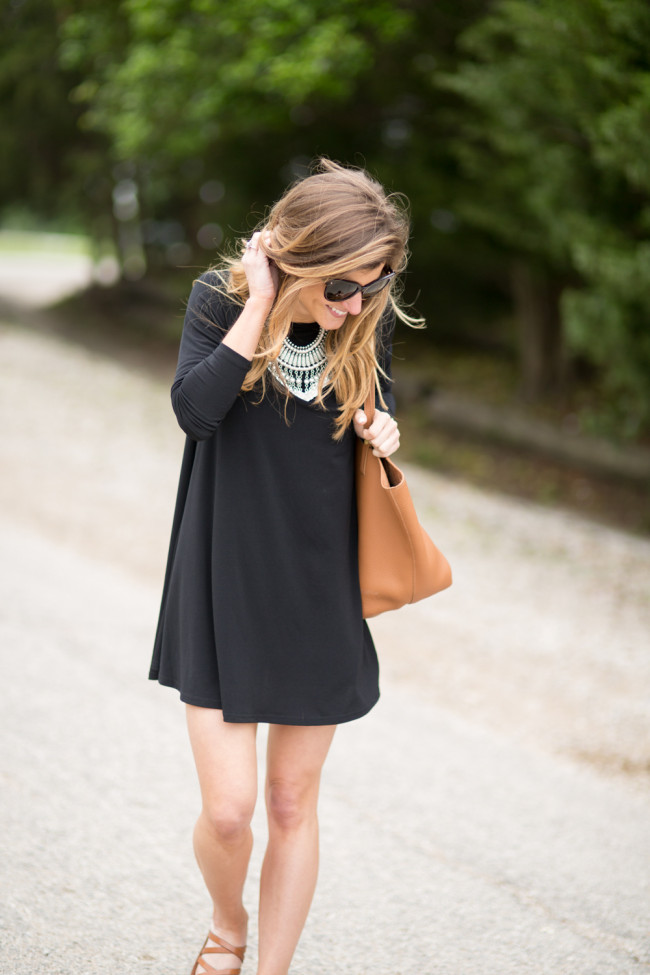 long sleeve swing dress and statement necklace transitional outfit