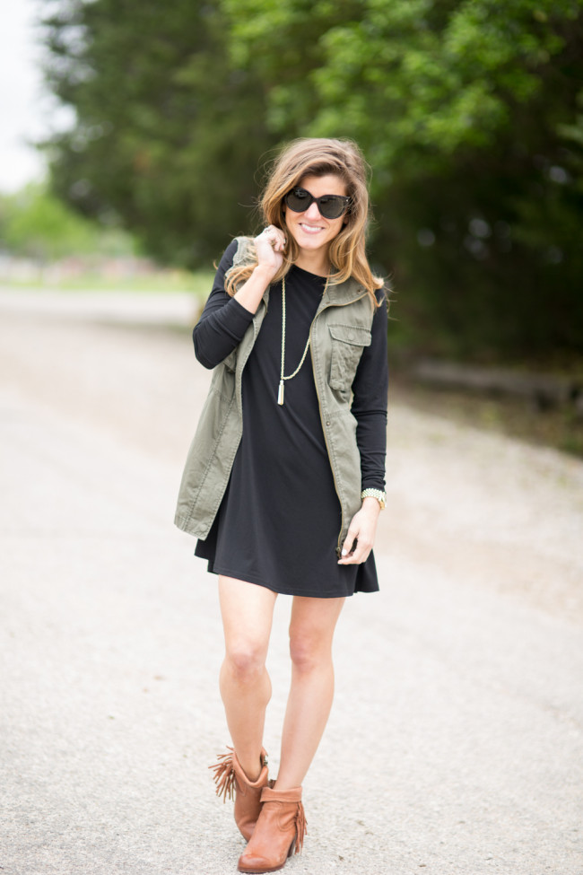 long sleeve swing dress with utility jacket and booties
