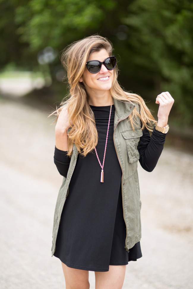 long sleeve swing dress and utility vest transitional outfit