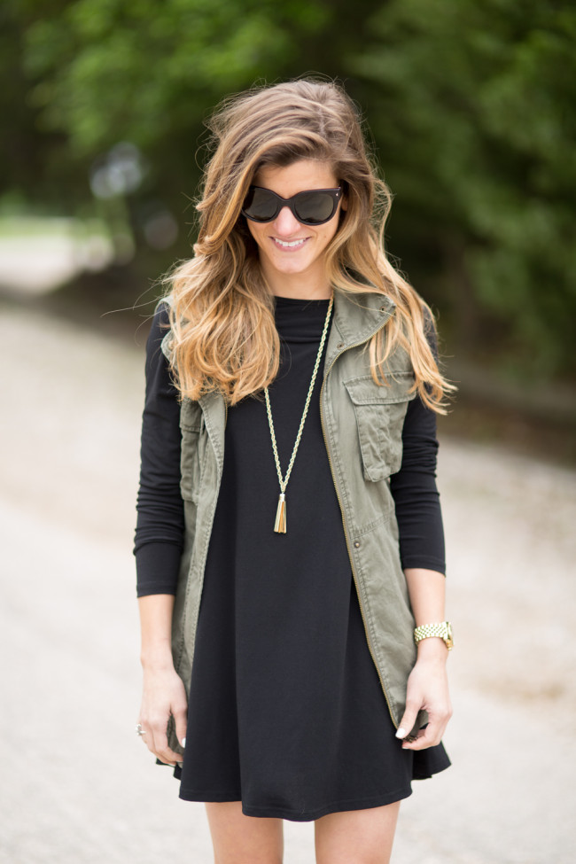 long sleeve swing dress and utility vest