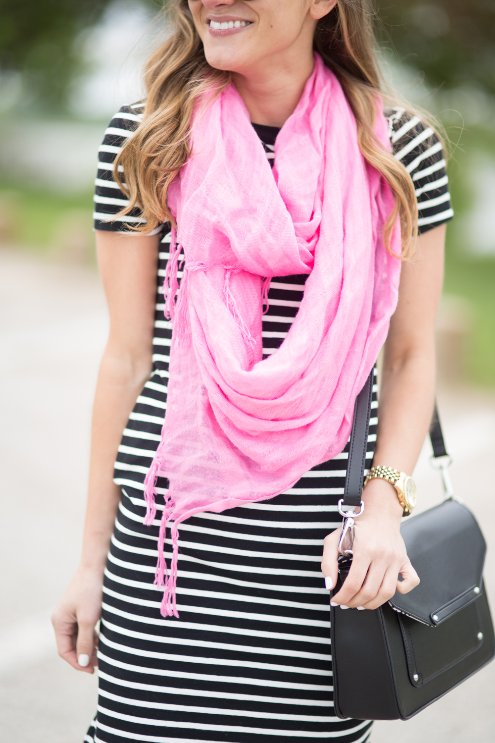 striped dress, pink light summer scarf, black messenger crossbody bag, love quote nyc scarf