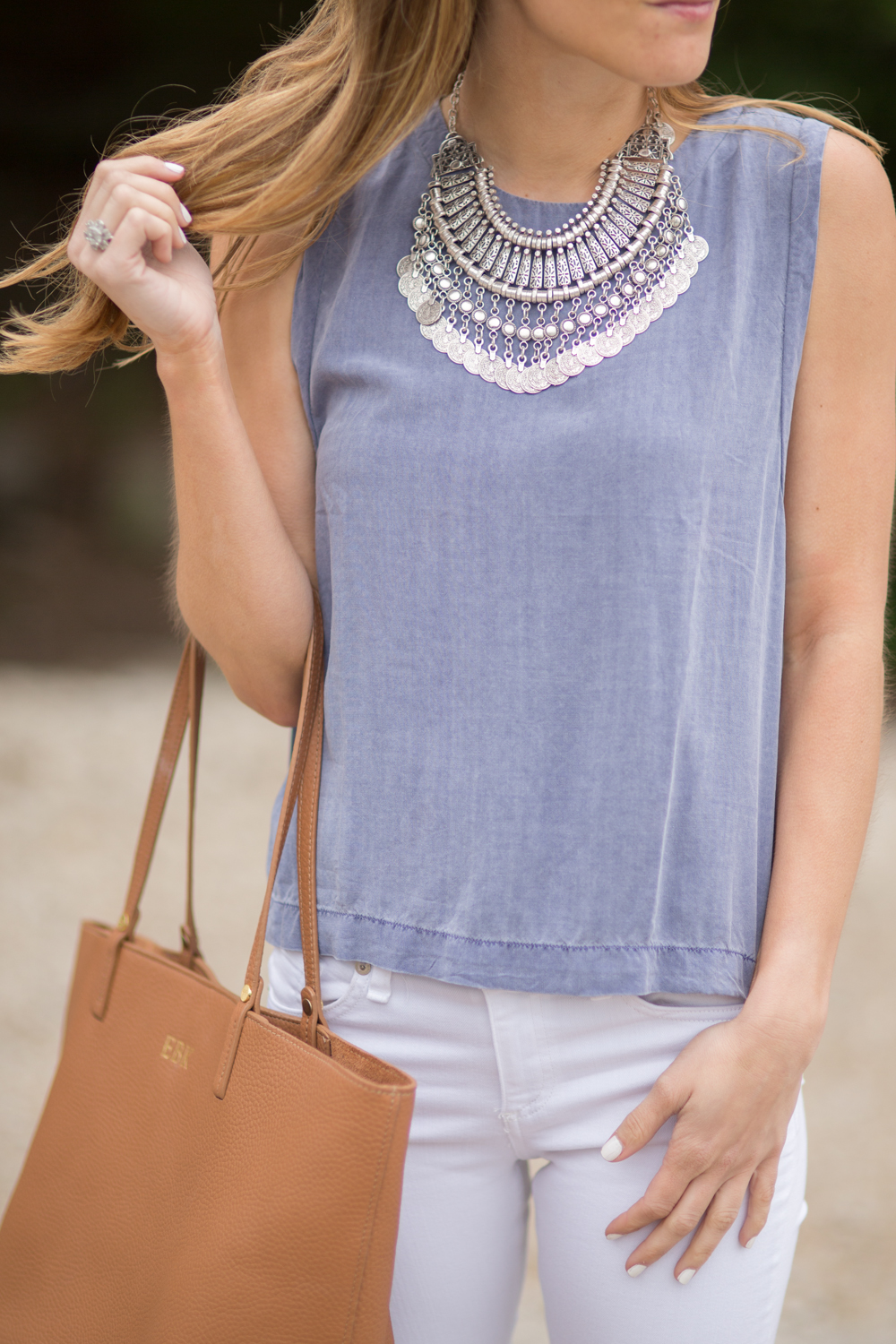 sleeveless chambray top + silver coin boho statement necklace + cognac tote summer outfit