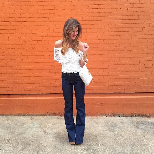 off the shoulder top and high wasited flares