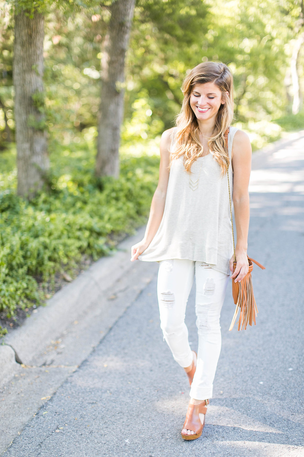 white jeans outfit, neutrals outfit, cognac wedges, neutrals outfit
