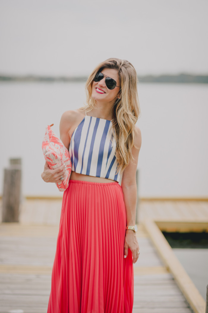 brightontheday wearing coral pleated midi skirt with blue and white striped crop top