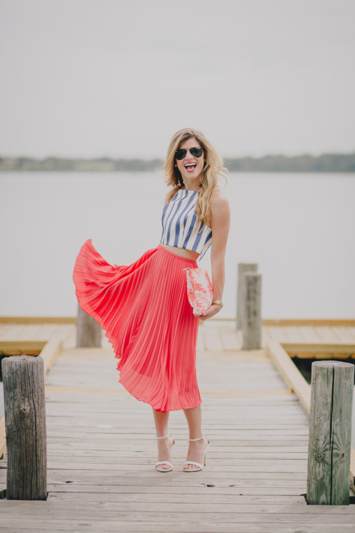 brightontheday wearing coral pleated midi skirt, blue and white striped topshop crop top, summer rehearsal dinner outfit
