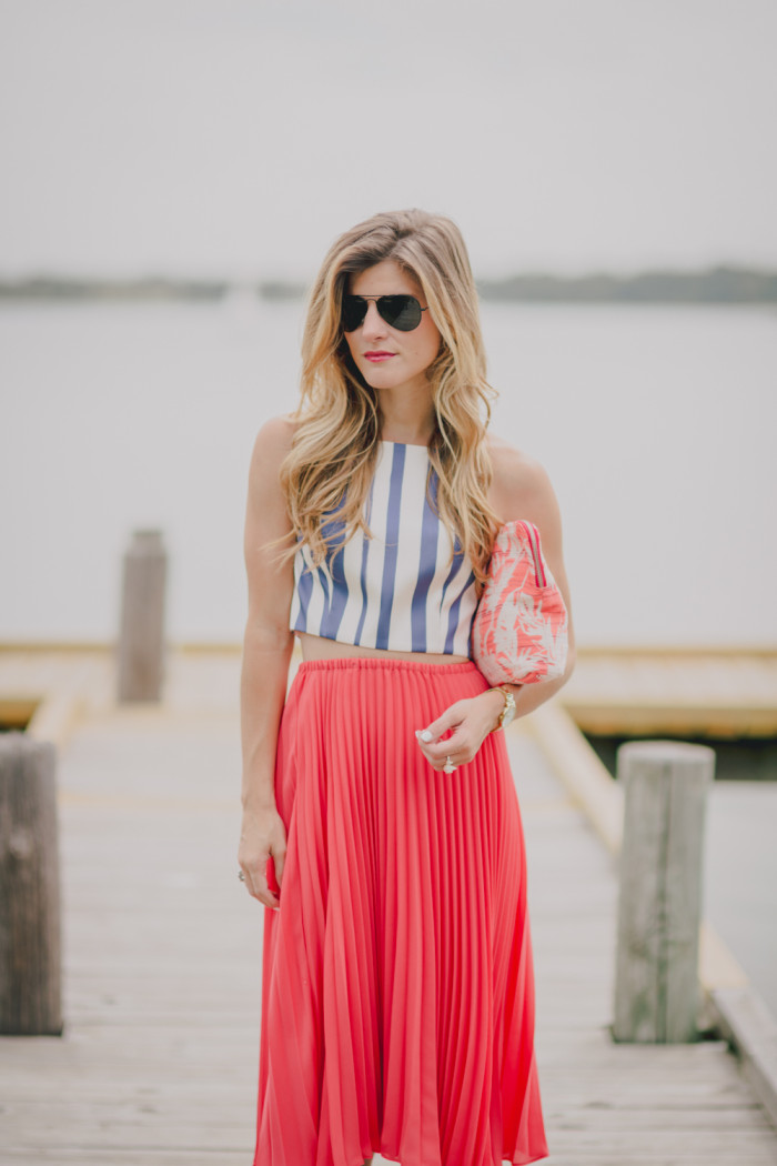 brightontheday wearing coral pleated midi skirt, blue and white striped topshop crop top, summer rehearsal dinner outfit