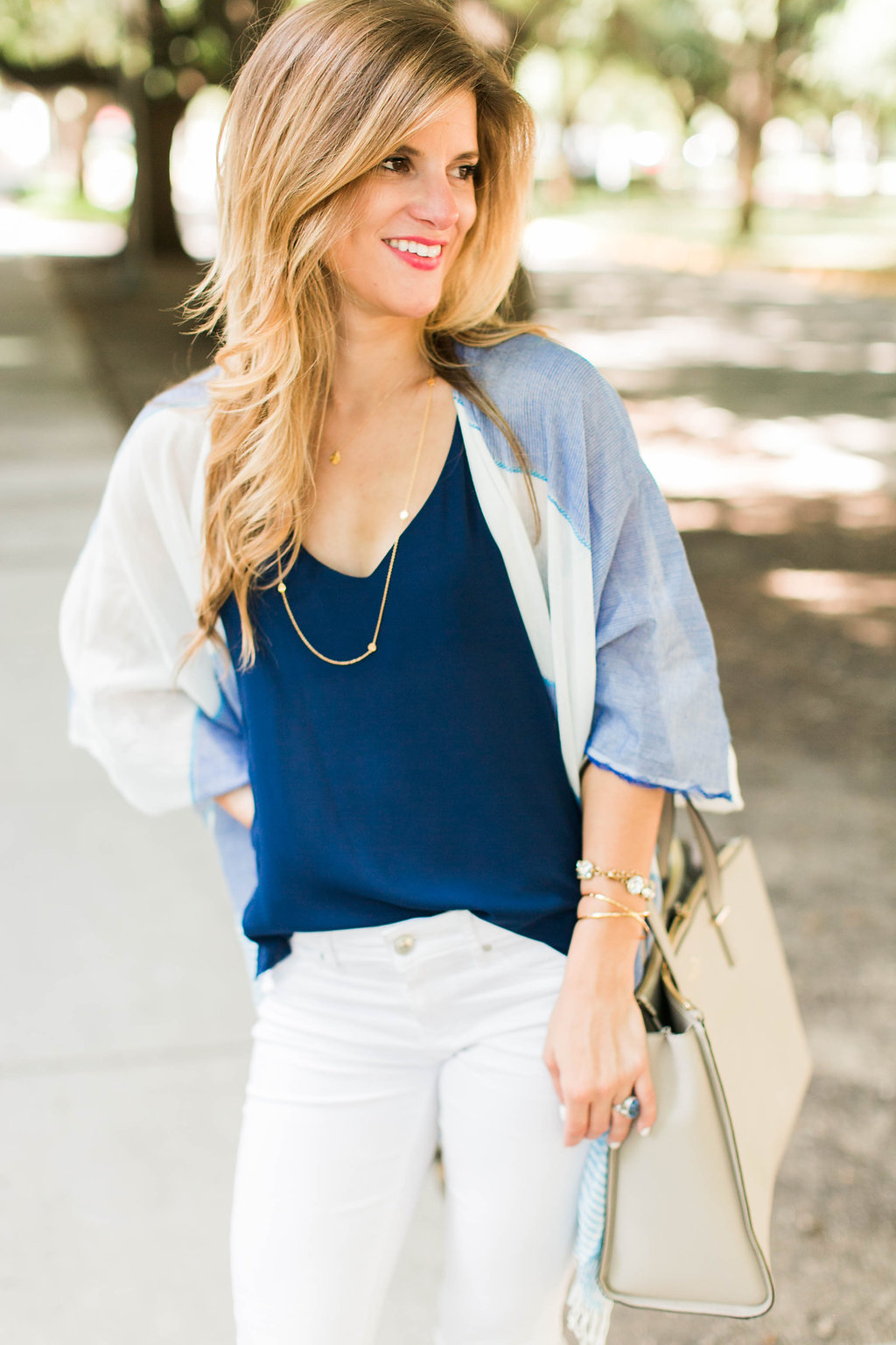 summer poncho over navy tank
