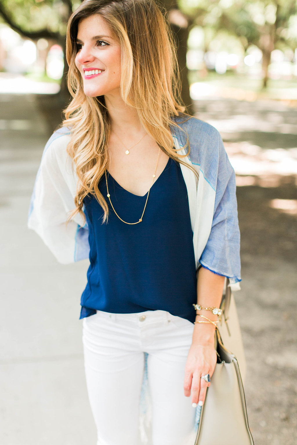 summer poncho over navy tank