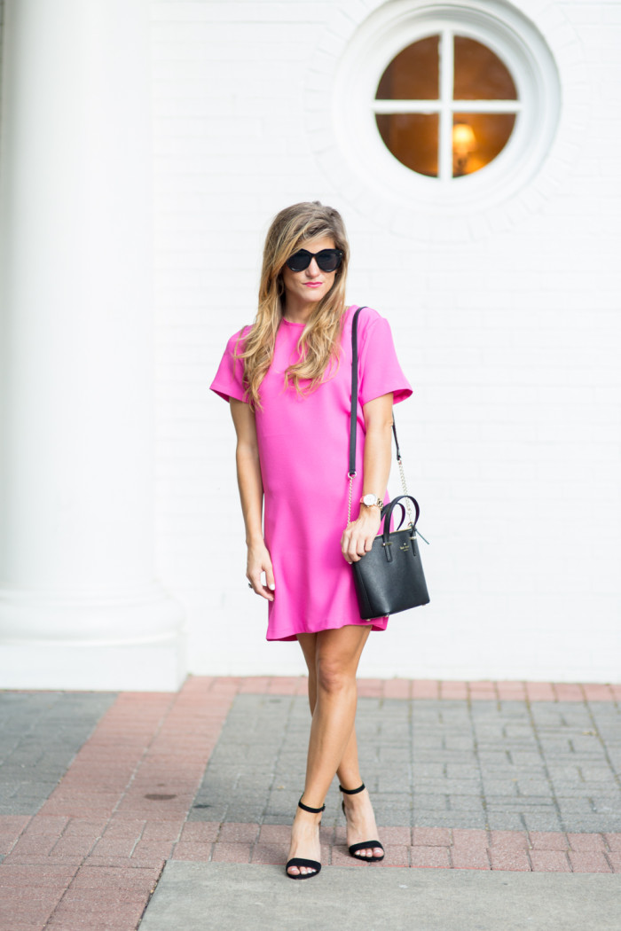 Valentines Day Outfit Ideas, pink shift dress, statement necklace, kate spade black harmony bag, ankle strap black sandals, brighton keller, brighton the day blog