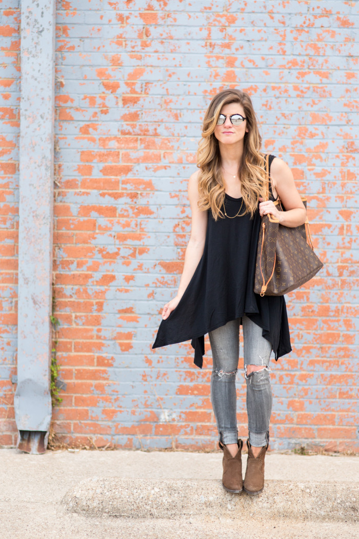 grey jeans black tank brown booties outfit