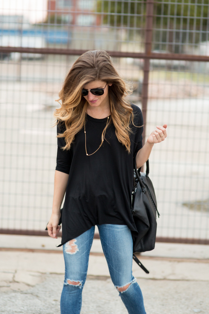 77Easy, Simple Black Tee and distressed denim outfit
