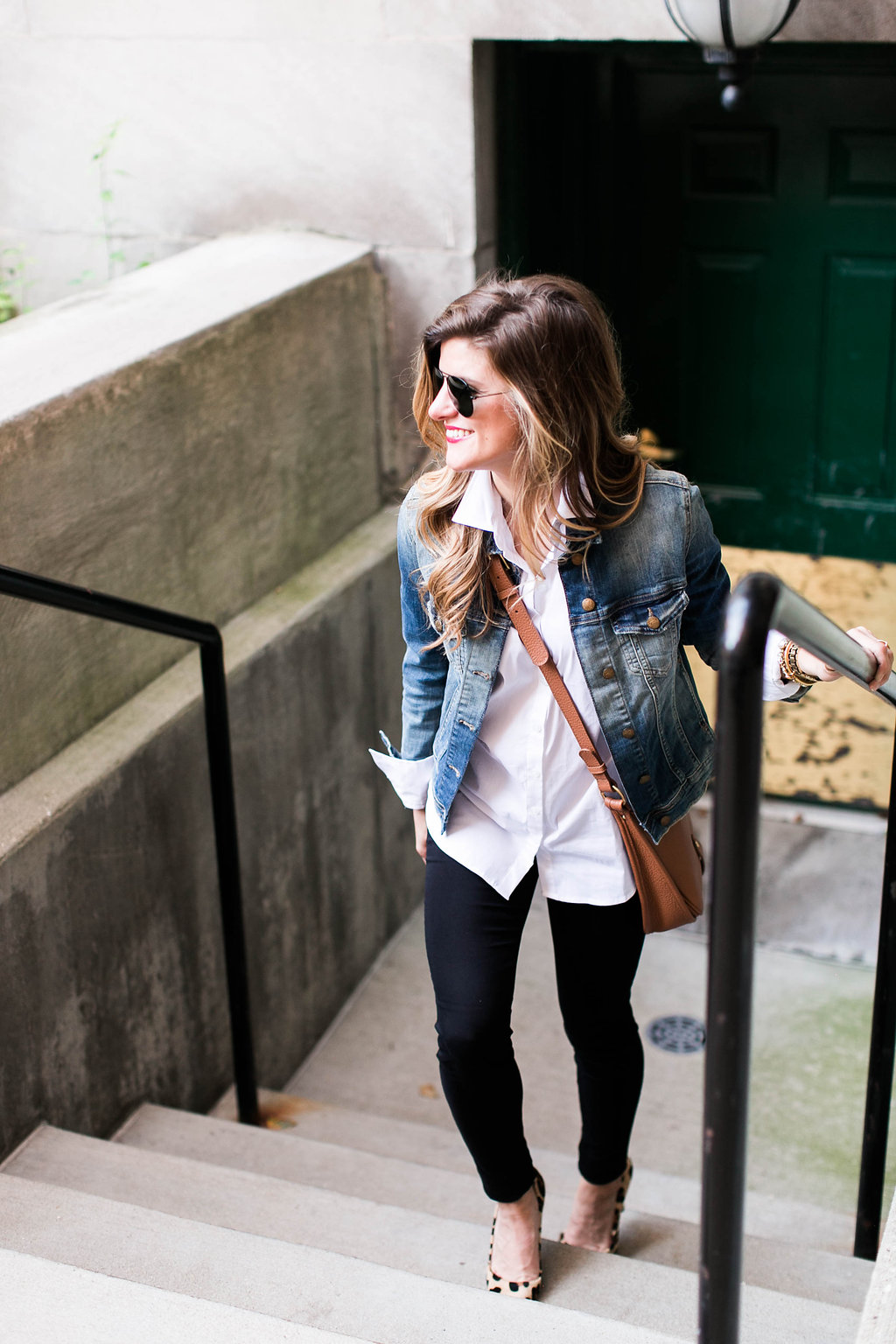 denim jacket and white button down and brown leather crossbody and leopard pointed toe heels