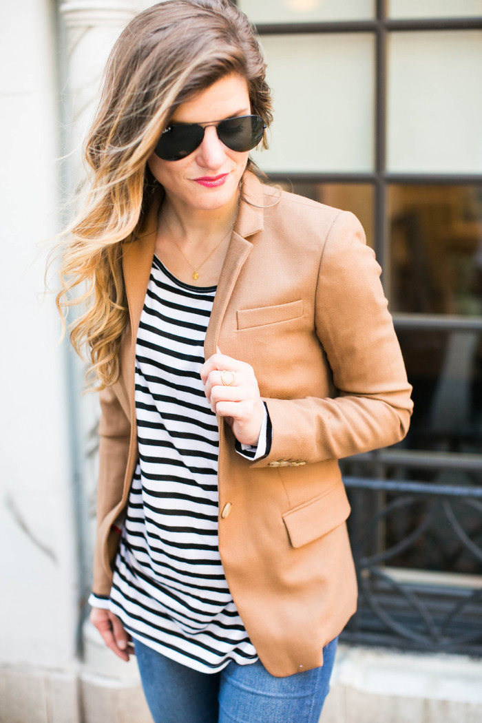 camel blazer and stripes and jeans outfit