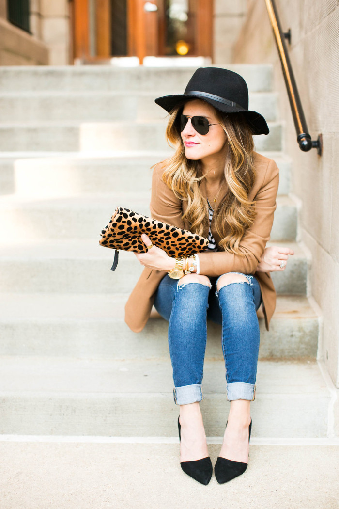 camel blazer and stripes and jeans outfit
